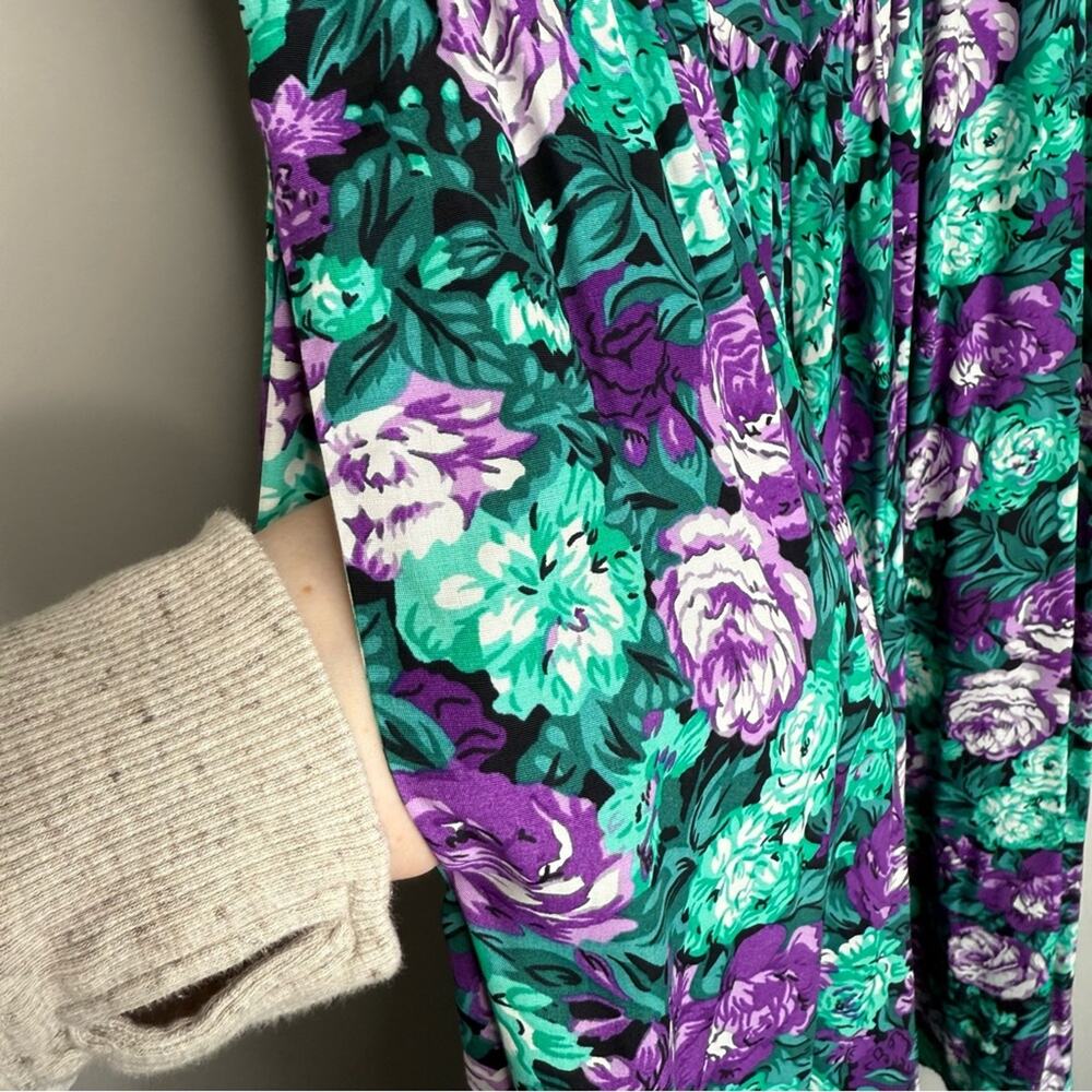 Vintage 80s vibrant purple floral dress short sleeve casual rayon party sz S/XS - Picture 5 of 6